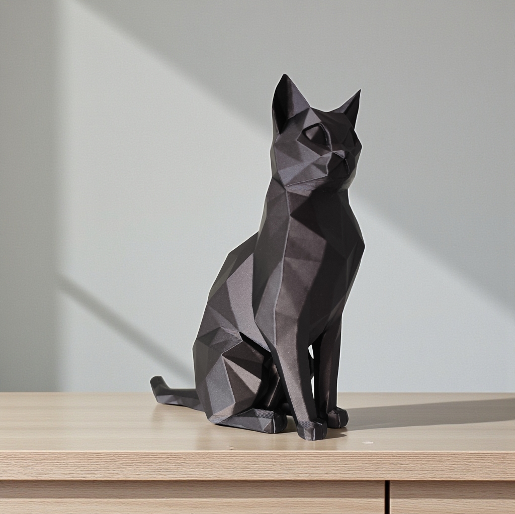 Sitting elegant low poly cat sculpture - side view